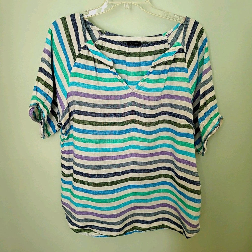Talbots Women L 100% Linen Multicolor Striped V-Neck Short Sleeve Ruffle Blouse